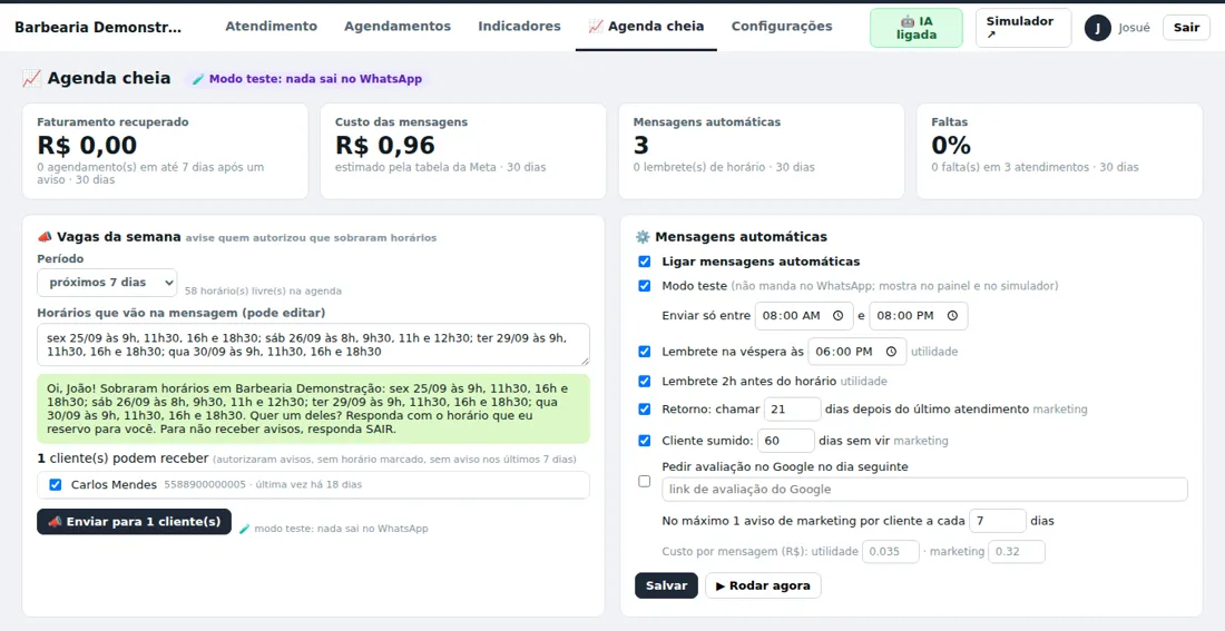 Painel do SIA mostrando a aba Agenda cheia: indicadores de faturamento recuperado, custo das mensagens e faltas, o envio de vagas da semana e as configurações de lembretes.